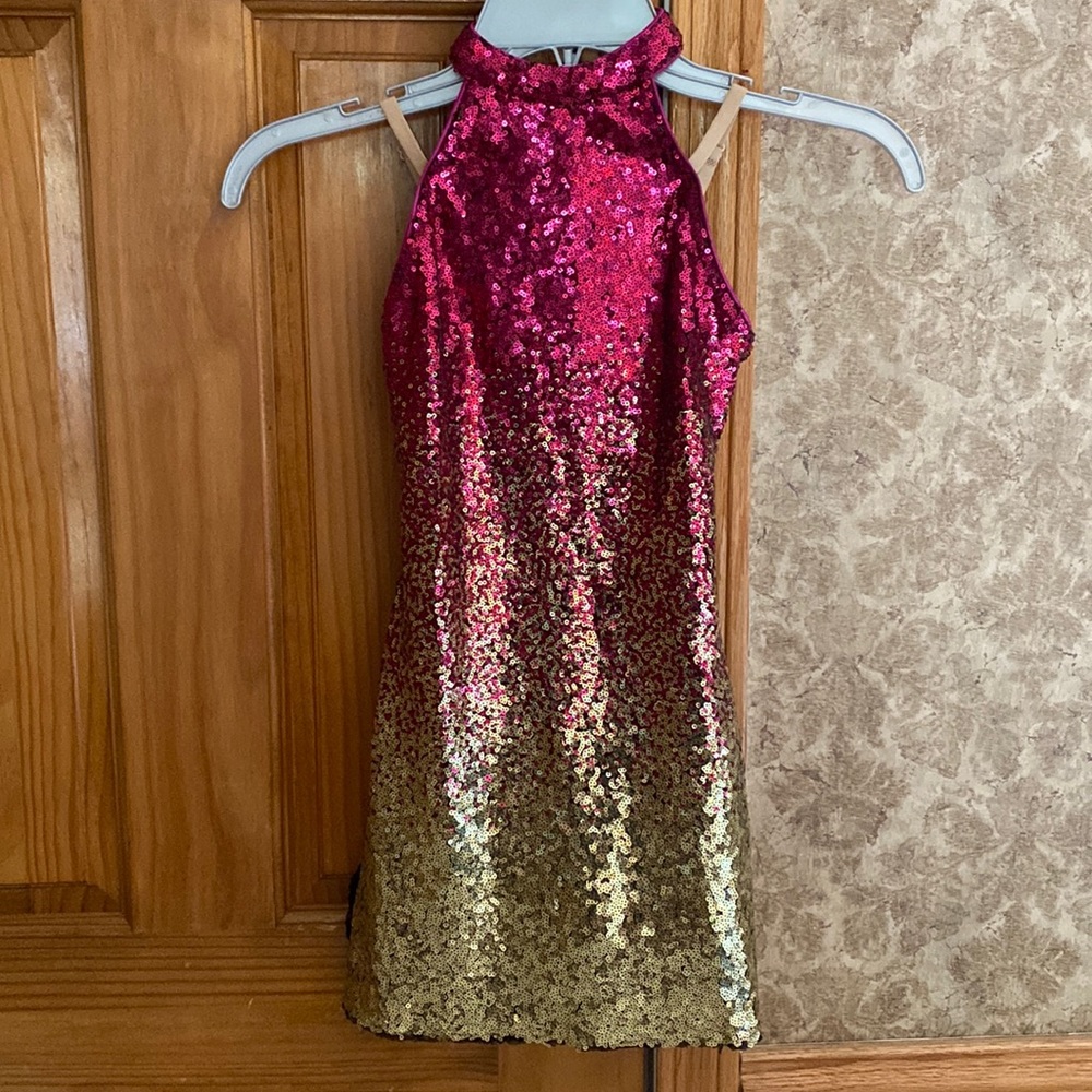 Revolution Girls Fuschia/Gold Sequence Dance Costume with matching Headpiece- MC